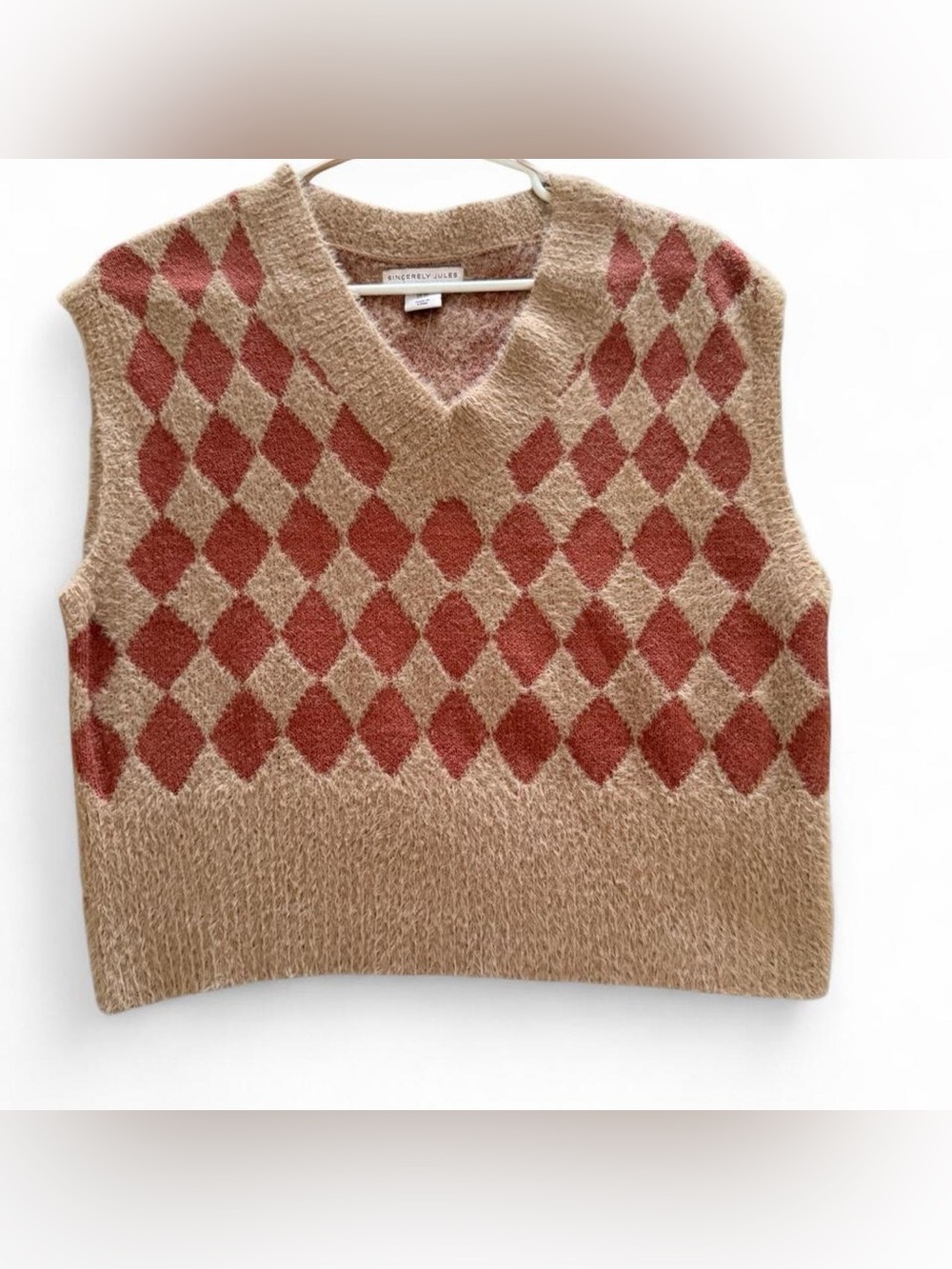 Sincerly Jules Tan and Rust Diamond Argyle V-Neck Sweater Vest